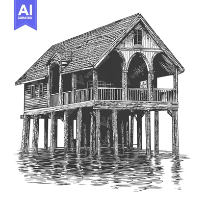 Aset desain premium: Elevated Wooden House Over Water Calm Reflection