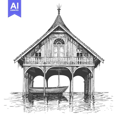 Popular premium asset: Elegant Wooden Lakeside Boathouse With Boat