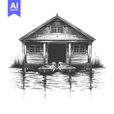 Rustic Wooden Boat House on Calm Water