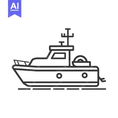 Aset premium populer: A black and white illustrated outline of a motorboat on water