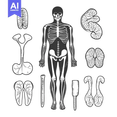 Aset desain premium: Human skeleton illustration with various internal body organ diagrams