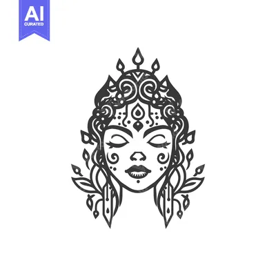 Aset desain premium: An ornate illustration features a stylized portrait of a serene woman