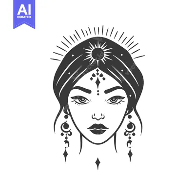 Aset desain premium: A stylized portrait of a woman with sun halo and adornments