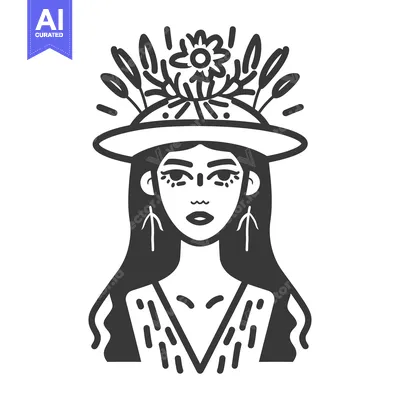 Aset desain premium: A woman wearing a floral hat and earrings in a drawing