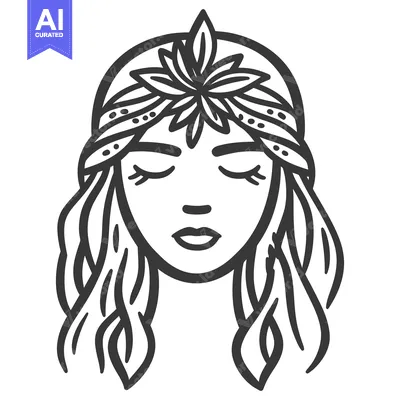Premium design asset: A detailed black and white illustration of a serene feminine face