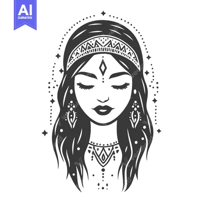 Aset desain premium: A stylized illustration of a woman with long flowing hair