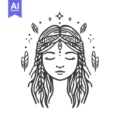 Aset desain premium: A detailed black and white illustration of a serene looking woman
