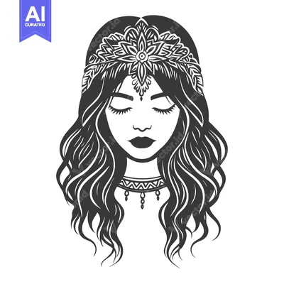 Aset premium populer: Beautiful woman depicted with flowing hair and decorative headpiece de