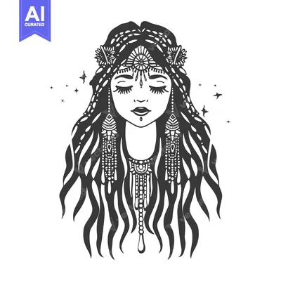 Illustration depicting a woman with long hair and decorative jewelry