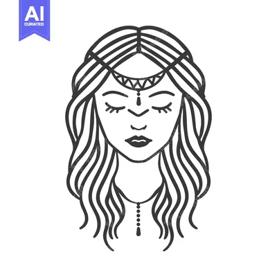Aset desain premium: An elegant black and white illustration depicting a woman with closed