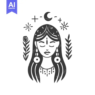 Premium design asset: A stylized illustration of a woman surrounded by celestial symbols