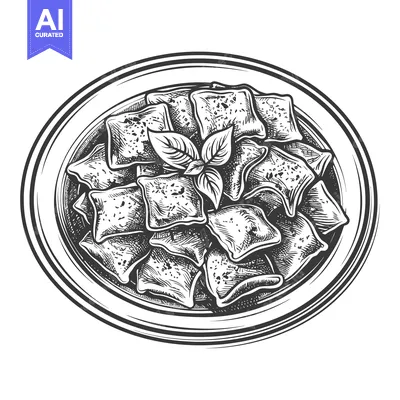 Aset desain premium: Ravioli Dish with Basil Garnish A Delicious Italian Meal