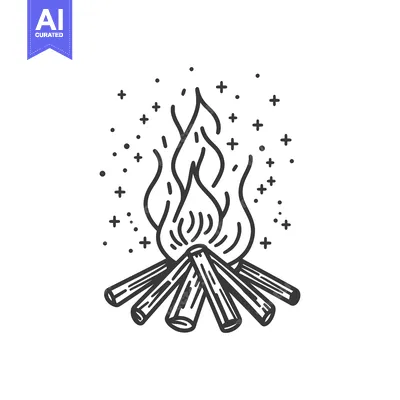 Aset desain premium: A simple black and white illustration of a campfire burning brightly