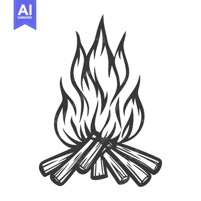 Aset premium populer: A simple black and white illustration of a burning campfire