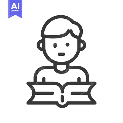 A simplistic outlined person reading an open book attentively in detai