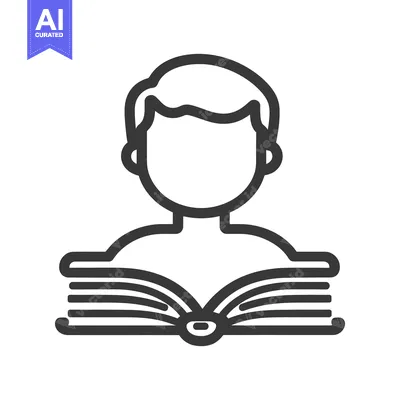 Aset desain premium: A simple black and white illustration depicts a person reading a book