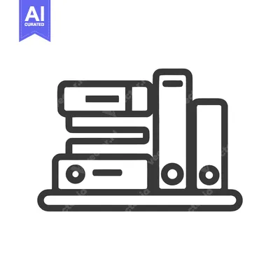 Aset desain premium: Minimalist Office Icon: Stacked Books, Binders, and Shelf, Simple Vect