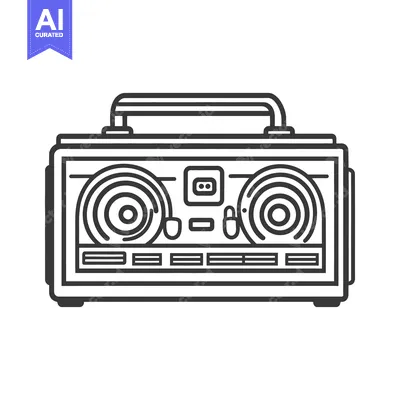 Aset desain premium: A black and white line drawing of a portable audio device