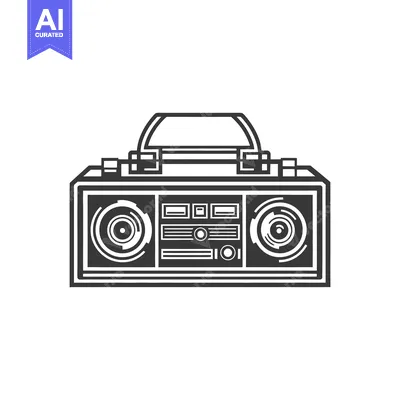 A grayscale illustration depicts a retro boombox for music listening