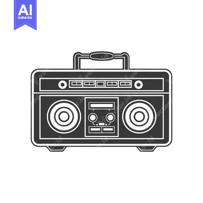Aset desain premium: A Simple Black and White Illustrated Boombox with Speakers and Handle