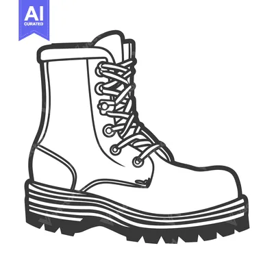 Aset desain premium: A monochrome illustration depicting a heavy duty boot with laces