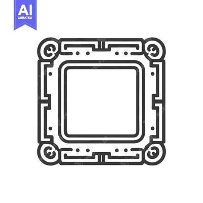 Aset premium populer: Ornate Square Frame Icon with Geometric and Swirling Details, Bold Lin