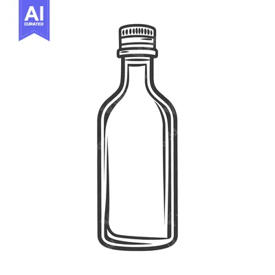 A monochrome illustration of a glass bottle with a cap