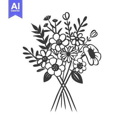 Premium design asset: An intricate black and white drawing of a floral bouquet