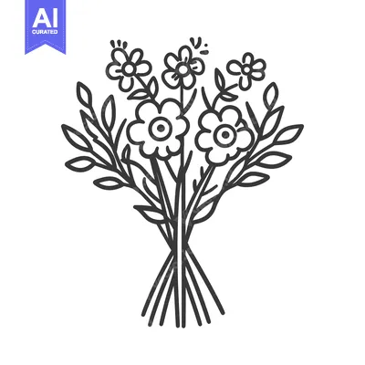 Aset premium populer: Simple hand drawn bouquet of flowers and green leafy stems