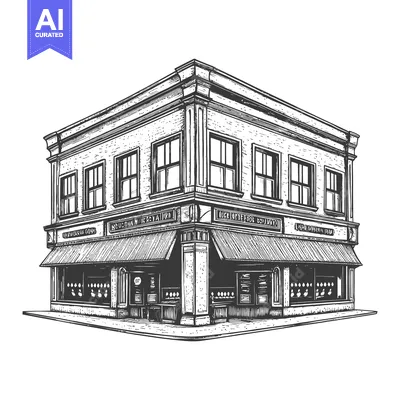 Aset premium populer: Corner Store Building Architectural Sketch Illustration