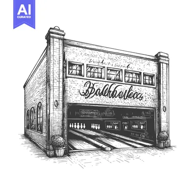 Aset desain premium: Brick Bowling Alley Building Exterior Sketch