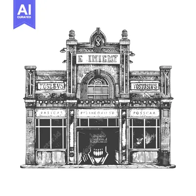 Aset premium populer: Vintage Building Illustration Featuring a Bowling Alley