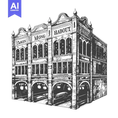 Aset desain premium: A detailed illustration of a historic Habouy Bison Mong building