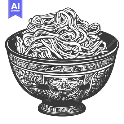 Aset desain premium: Bowl of Noodle Illustration in Black and White