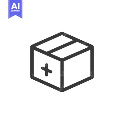 Aset desain premium: Minimalist Box Icon with Plus Sign, Dark Gray Outline on White Backgro