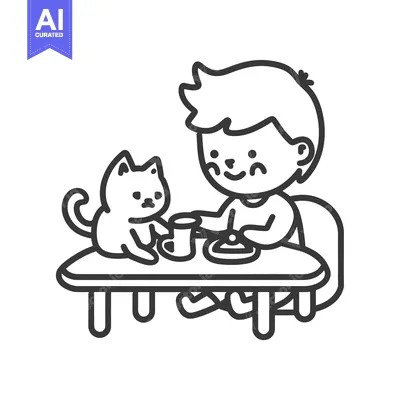 Aset premium populer: Boy and Cat Enjoying a Meal Together at a Table