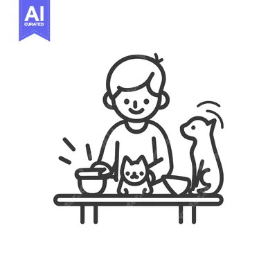 Aset desain premium: Boy feeding cat and dog at a table