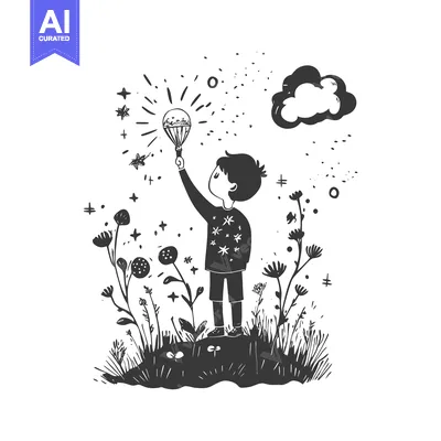 Aset premium populer: Boy Holding Light Bulb with Sparkles and Flowers