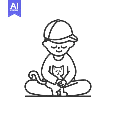 Aset premium populer: Boy in a cap holding a cat on his lap