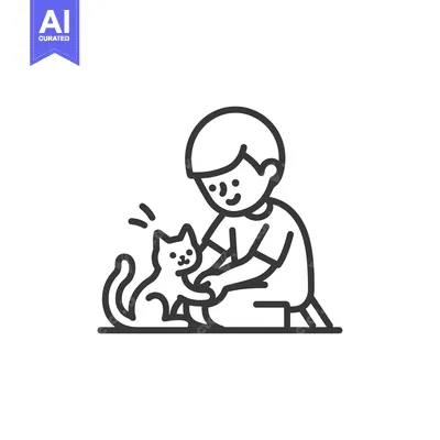 Aset desain premium: Boy Kneeling and Petting a Cat