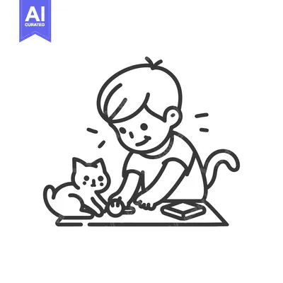Aset desain premium: Boy Playing with His Cat on a Table