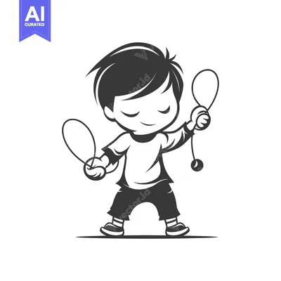 Aset desain premium: Boy Playing With Two Yo-Yos, Black and White Illustration