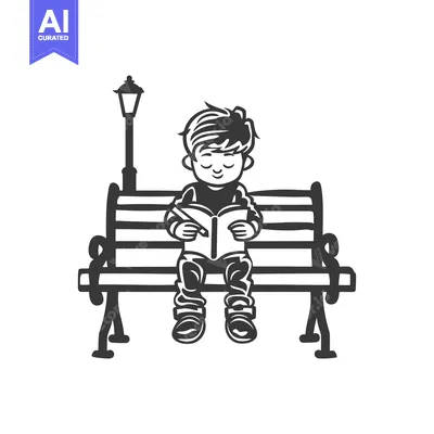 Aset premium populer: Boy Reading a Book on a Bench with a Lamppost Behind Him