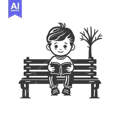 Aset desain premium: Boy Reading a Book on a Bench with a Tree Behind Him