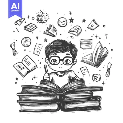 Aset premium populer: Boy Reading A Stack of Books With Flying Books and Stars Around Him