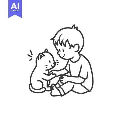 Aset premium populer: Boy Sitting and Looking at a Cat