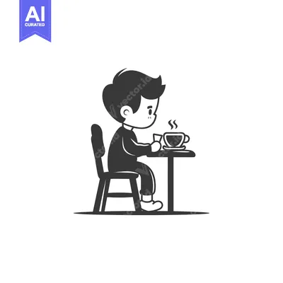 Premium design asset: Boy Sitting at a Table Enjoying a Cup of Coffee