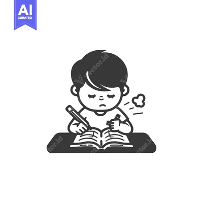 Premium design asset: Boy Sitting at Desk with Book, Pencil, and Anxious Expression