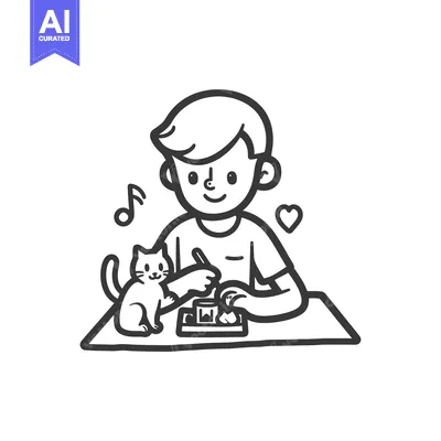 Aset premium populer: Boy Sitting at Table with Cat and Music Note