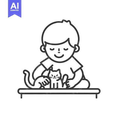Aset desain premium: Boy sitting on a bench petting a cat